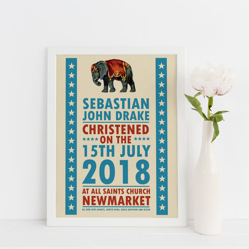 Personalised Circus themed Christening, Baptism or Naming Day print