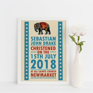 Personalised Circus themed Christening, Baptism or Naming Day print
