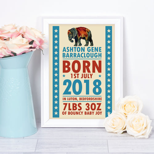 Personalised new baby gift - nursery name print with a circus theme