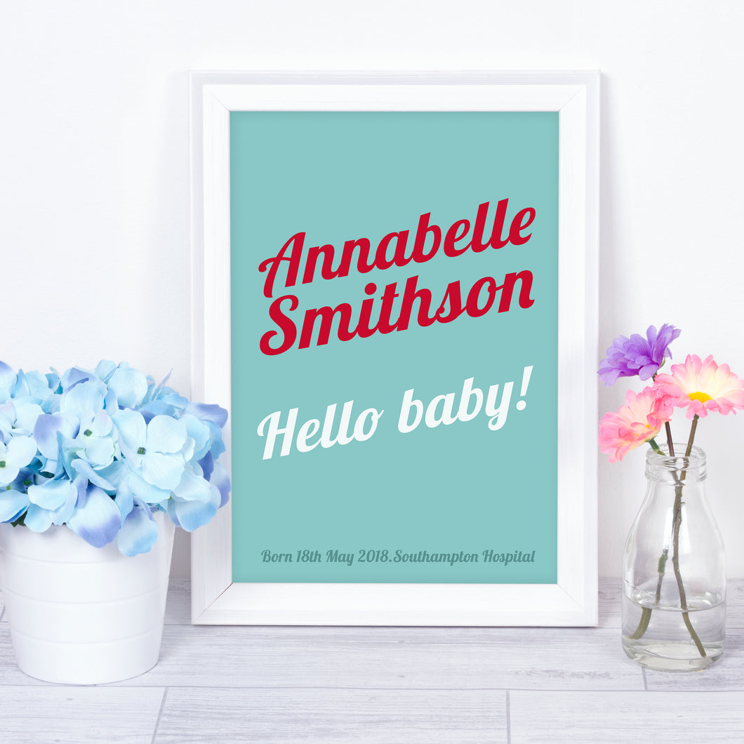 Hello Baby, personalised baby name nursery print