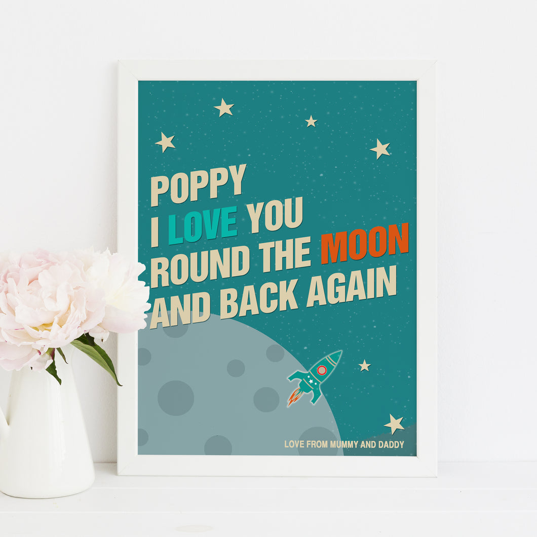 Personalised Round the Moon and Back again, baby name nursery print