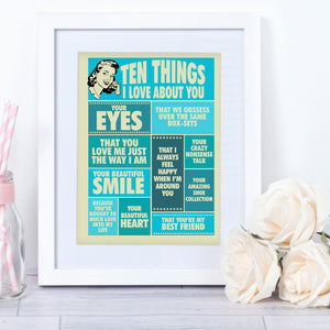 Ten things I Love About You, personalised vintage-style quote print for her