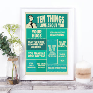 Ten things I Love About You, personalised vintage-style print for him