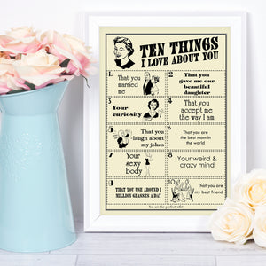 Ten things I Love About you, personalised print for her